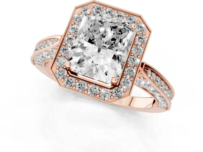 Radiant Cut Diamond Halo Engagement Ring Set in Rose gold with Accent Split Shank Band – second view