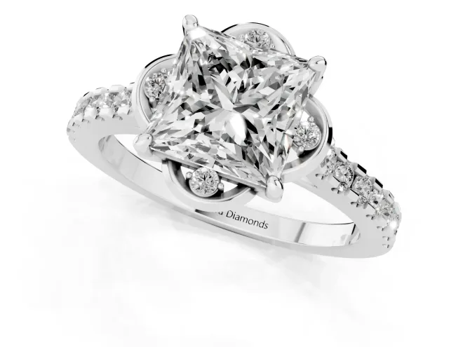 Princess Cut Diamond Solitaire Ring Set in Platinum with Pavé Band and Floral Prong Setting – second view
