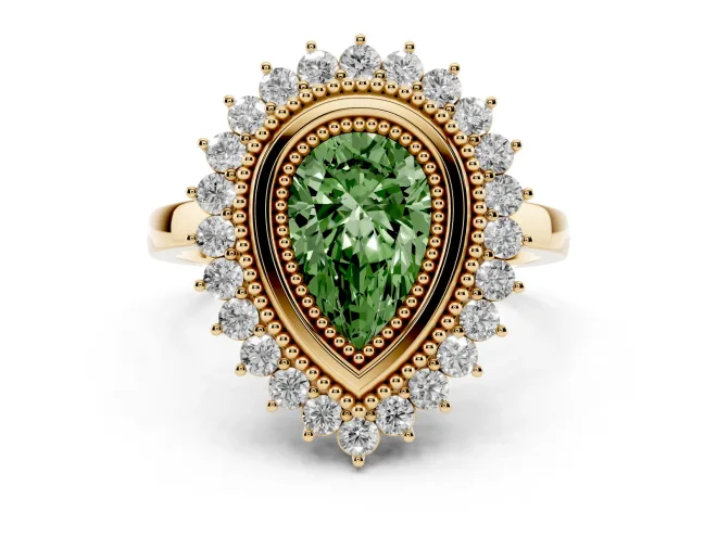 Pear-Shaped Bezel Halo Engagement Ring Setting for a Fancy Green Lab-Grown Diamond | Yellow Gold