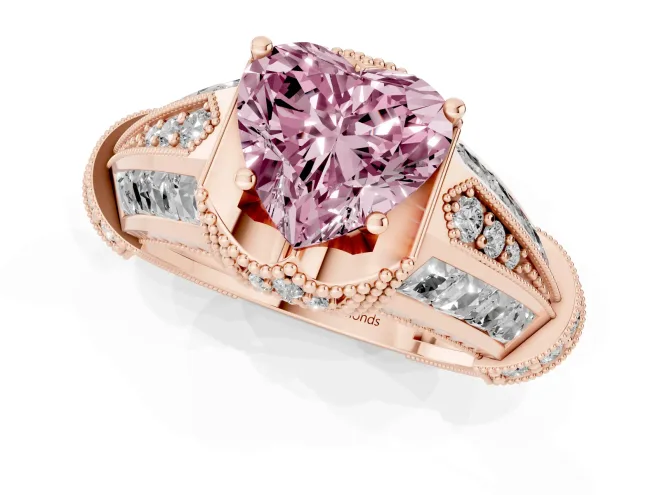 Fancy Pink Heart Cut Diamond Vintage-Inspired Milgrain Ring Set in Rose gold with Accent Split Shank – second view