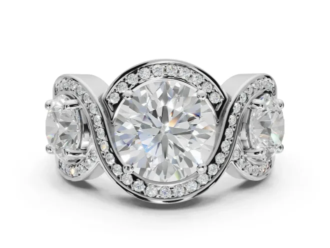 Round Three Stone Halo Engagement Ring Setting | Pavé Wave Band | Platinum