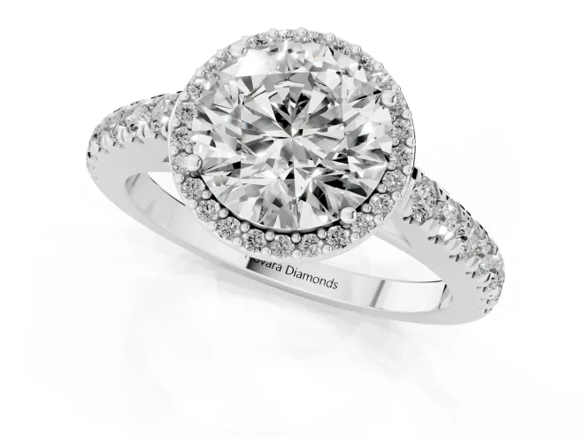 Round Cut Diamond Halo Engagement Ring Set in White gold with Pavé Band and Prong Setting – second view