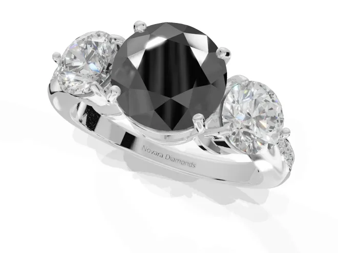 Fancy Black Round Cut Lab-Grown Diamond Three-Stone Ring Set in Sterling Silver with Channel-Set Band and Prong Setting – second view