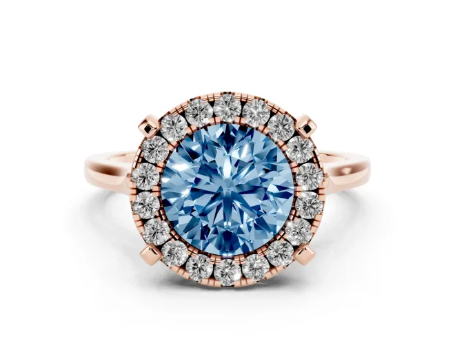 Round Halo Engagement Ring Setting for a Fancy Blue Lab-Grown Diamond | Claw Corners | Rose Gold