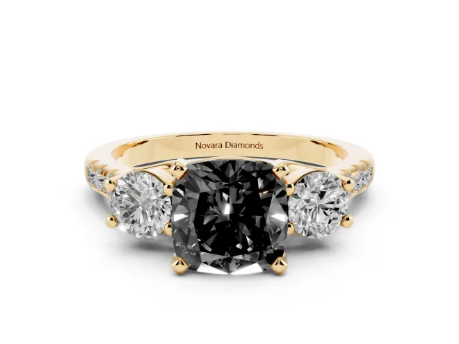 Cushion Cut Three-Stone Engagement Ring Setting for a Black Center | Pavé Shoulders | Yellow Gold