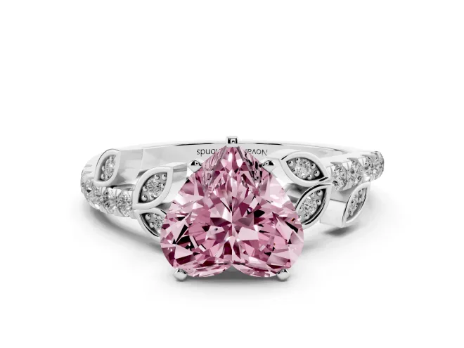 Heart-Shaped Leaf Pavé Engagement Ring Setting for a Fancy Pink Lab-Grown Diamond | White Gold