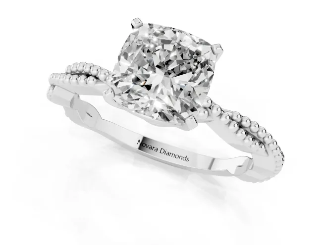 Cushion Cut Diamond Solitaire Ring Set in White gold with Twisted Band and Bead Prong Setting – second view