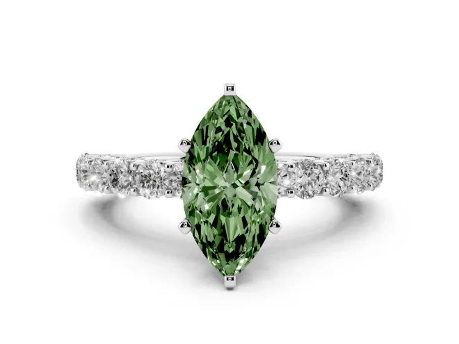 Fancy Green Marquise Cut Diamond Solitaire Ring Set in White gold with Shared Prong Pavé Band