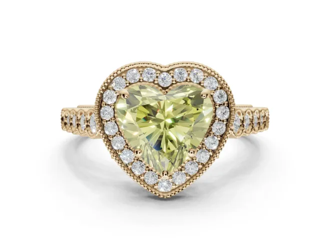 Heart-Shaped Graduated Milgrain Halo Engagement Ring Setting for a Fancy Yellow Lab-Grown Diamond | Yellow Gold