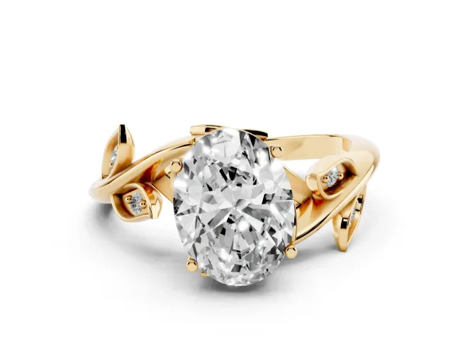 Oval Cut Diamond Solitaire Twist Engagement Ring Set in Yellow gold with Pavé Leaf Accents