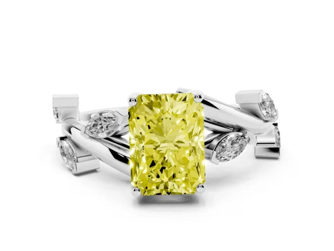 Fancy Yellow Radiant Cut Diamond Solitaire Ring Set in White gold with Twisted Marquise Accent Band