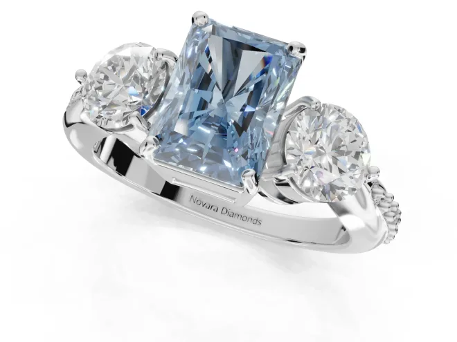 Radiant Cut Three Stone Engagement Ring Setting for a Fancy Blue Lab-Grown Diamond | Tapered Pave Band | Sterling Silver – second view