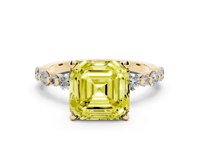 Fancy Yellow Asscher Cut Diamond Prong Set Engagement Ring Set in Yellow gold with Round Accent Pavé Band