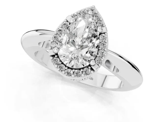 Pear Cut Diamond Halo Engagement Ring Set in White gold with Plain Split Shank and Prong Setting – second view