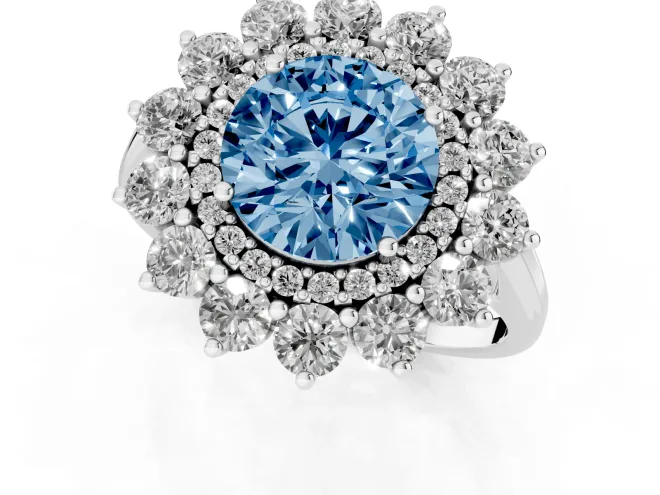 Fancy Blue Round Cut Diamond Floral Double Halo Ring Set in Platinum with Round Petals – second view