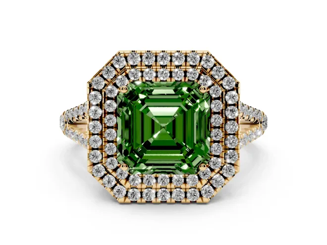 Fancy Green Asscher Cut Diamond Double Halo Ring Set in Yellow gold with Pavé Band