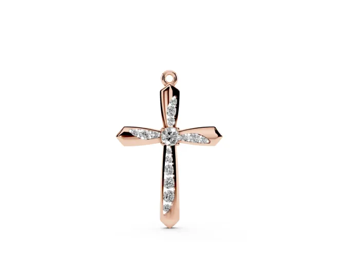 Round Lab-Grown Diamond Pavé Cross Pendant Necklace | Flared Pointed Arms | Rose Gold