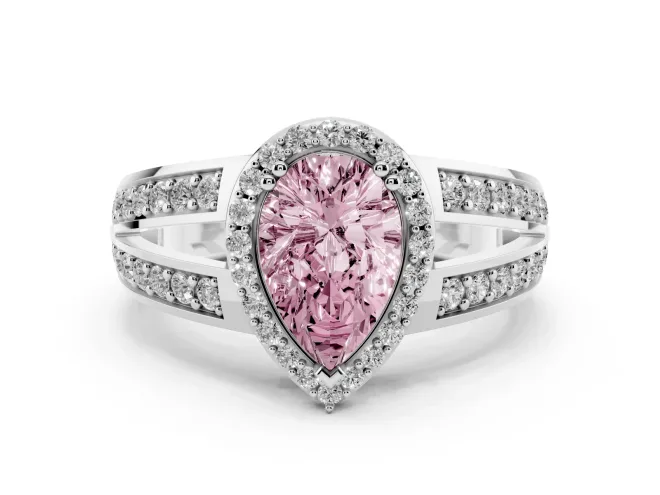 Fancy Pink Pear Cut Diamond Halo Ring Set in Platinum with Double Pavé Split Shank