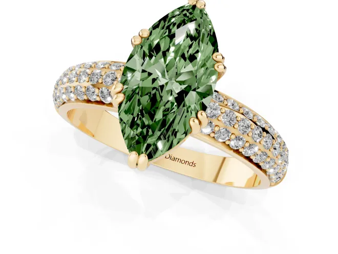 Fancy Green Marquise Cut Diamond Solitaire Ring Set in Yellow gold with Multi-Row Round Pavé Band and Prong Setting – second view