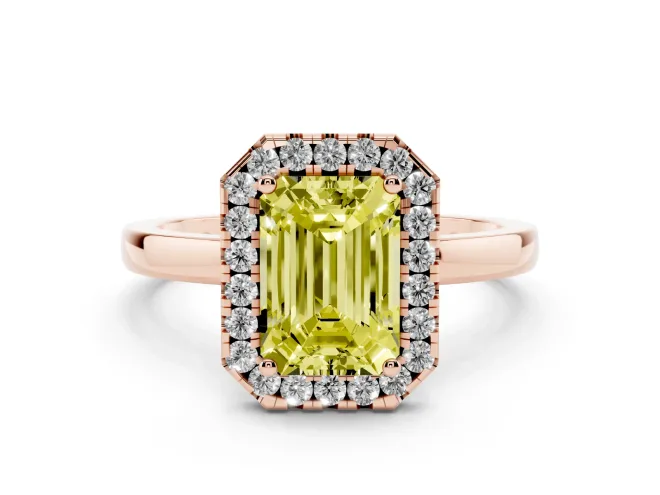 Emerald Cut Thin Halo Engagement Ring Setting for a Fancy Yellow Lab-Grown Diamond | Plain Polished Band | Rose Gold