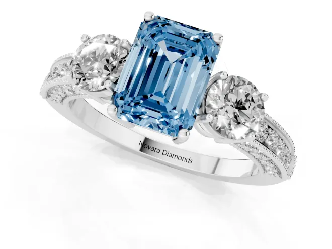 Fancy Blue Emerald Cut Diamond Three-Stone Ring Set in Silver with Round Side Stones and Pavé Band – second view