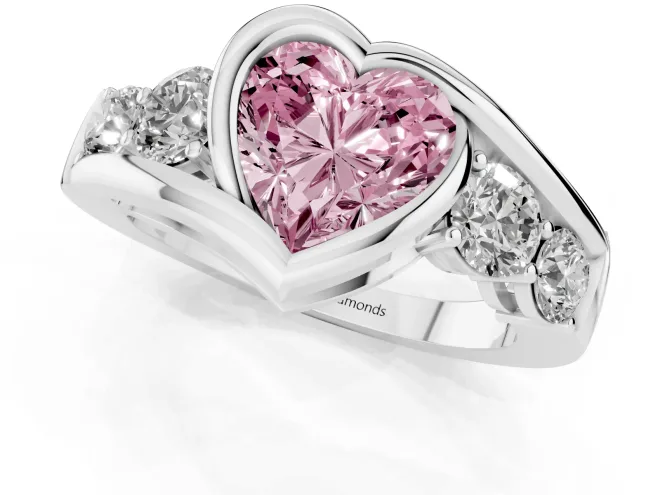 Fancy Pink Heart Cut Diamond Bezel Bypass Ring Set in Silver with Round Accents – second view