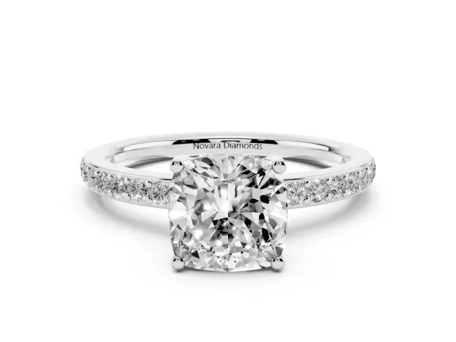 Cushion Cut Diamond Pavé Band Ring Set in White gold with Prong-Set Center Stone