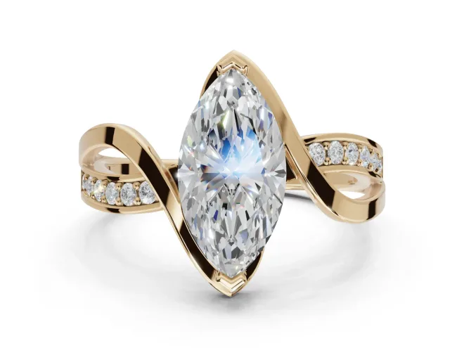Marquise Bypass Solitaire Engagement Ring Setting | Pavé and Plain Strands | Yellow Gold