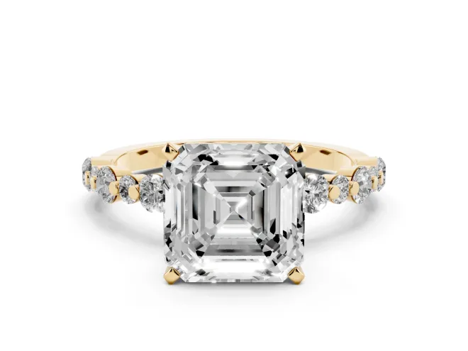 Asscher Cut Diamond Prong Set Engagement Ring Set in Yellow gold with Round Accent Pavé Band