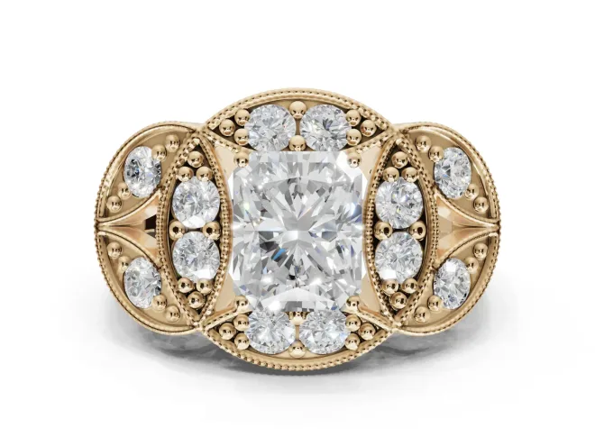 Radiant Cut Vintage Floral Halo Engagement Ring Setting | Engraved Milgrain Band | Yellow Gold
