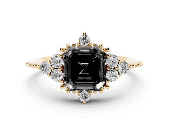 Fancy Black Asscher Cut Diamond Cluster Ring Set in Yellow gold with Beaded Band