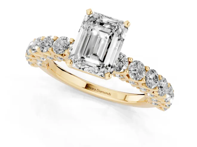 Emerald Cut Diamond Solitaire Ring Set in Yellow gold with Shared Prong Pavé Band – second view