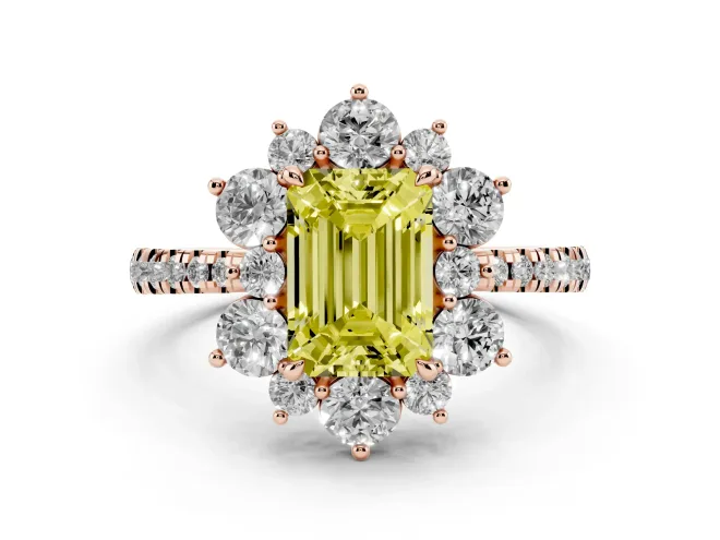 Emerald Cut Star Floral Halo Engagement Ring Setting for a Fancy Yellow Lab-Grown Diamond | Rose Gold