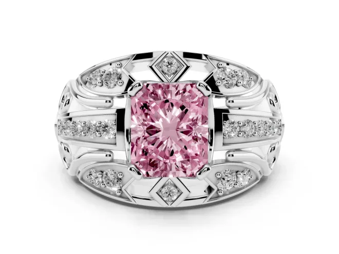 Fancy Pink Radiant Cut Diamond Art Deco Ring Set in Silver with Pavé Split Shank