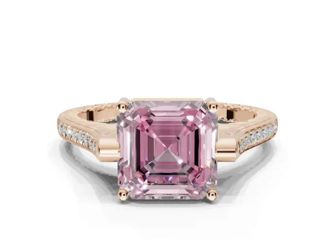 Asscher Cut Vintage Cathedral Engagement Ring Setting for a Fancy Pink Lab-Grown Diamond | Carved Band | Rose Gold