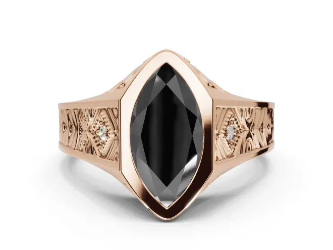 Marquise Vintage Bezel Engagement Ring Setting for a Black Center | Engraved Band | Rose Gold
