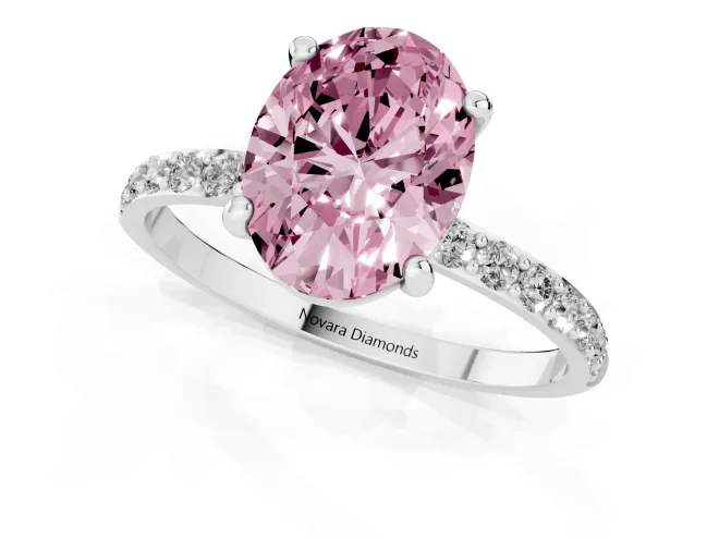 Fancy Pink Oval Cut Diamond Solitaire Ring Set in Platinum with Round Pavé Band and Prong Setting – second view