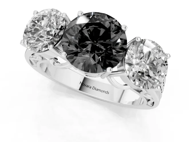 Fancy Black Round Cut Diamond Three-Stone Ring Set in Platinum with Textured Band – second view