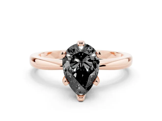 Fancy Black Pear Cut Diamond Solitaire Engagement Ring Set in Rose gold with Slim Tapered Solitaire Band