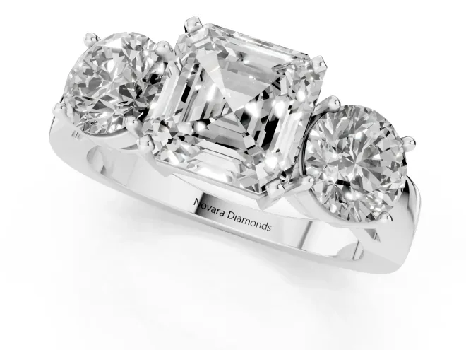 Asscher Cut Diamond Three-Stone Ring Set in Platinum with Round Side Stones and Classic Band – second view