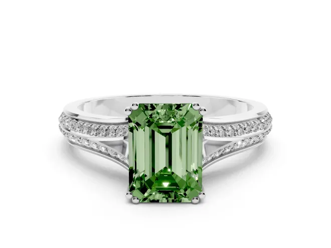 Emerald Cut Pavé Split Shank Engagement Ring Setting for a Fancy Green Lab-Grown Diamond | Double Claw Prongs | Platinum