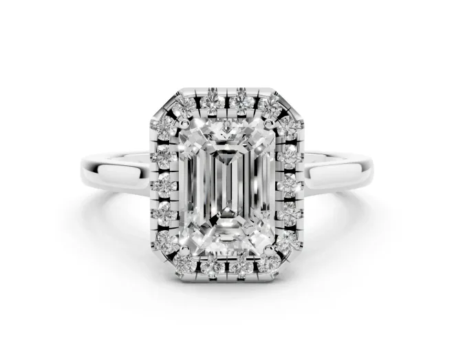 Emerald Cut Halo Round Diamond Solitaire Ring Set in White gold with Pavé Band and Prong Setting