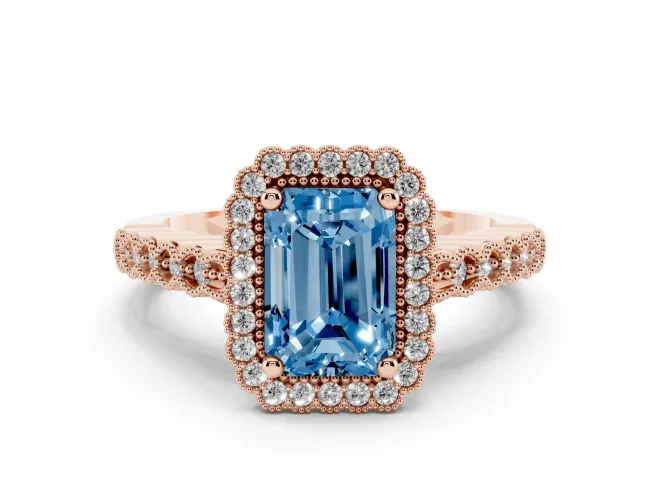 Fancy Blue Radiant Cut Diamond Halo Ring Set in Rose gold with Pavé Milgrain Band