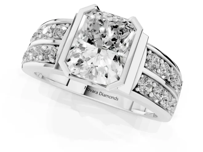 Radiant Cut Diamond Wide Channel Set Band Ring Set in Platinum with Bezel Setting – second view