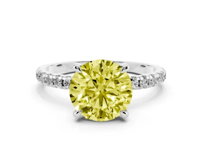 Fancy Yellow Round Cut Diamond Brilliant Solitaire Ring Set in Platinum with Pavé Band and Prong Setting