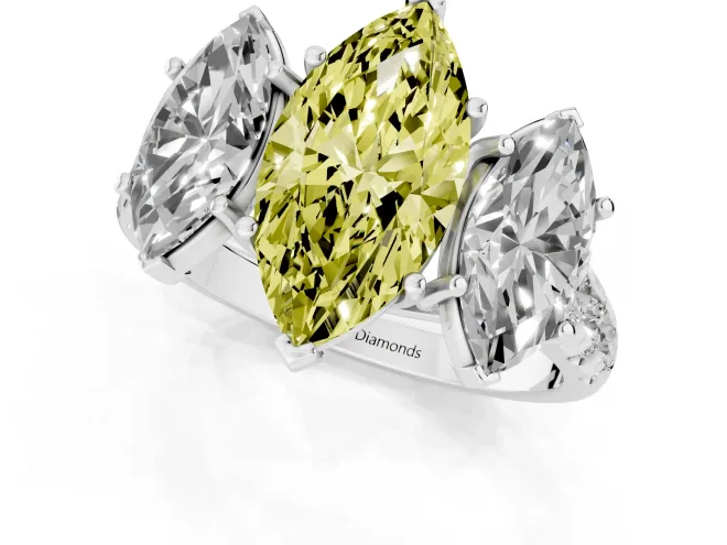 Fancy Yellow Marquise Cut Diamond Three-Stone Ring Set in White gold with Pavé Band – second view