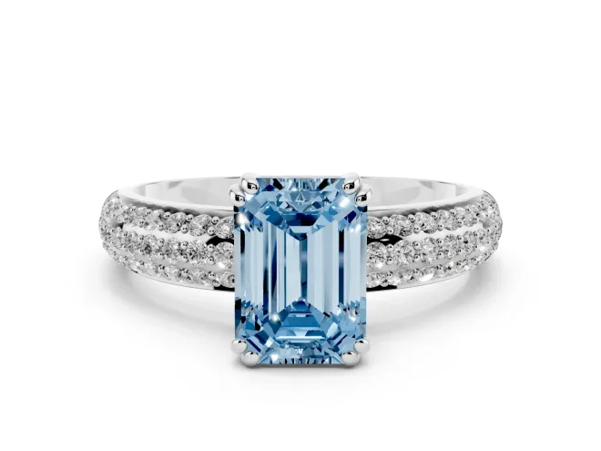 Fancy Blue Emerald Cut Diamond Solitaire Ring Set in White gold with Multi-Row Round Pavé Band and Prong Setting