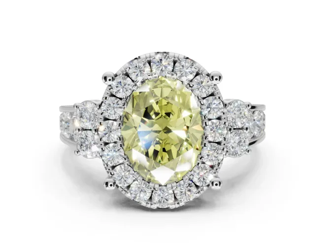 Oval Halo Engagement Ring Setting for a Fancy Yellow Lab-Grown Diamond | Side Clusters | White Gold