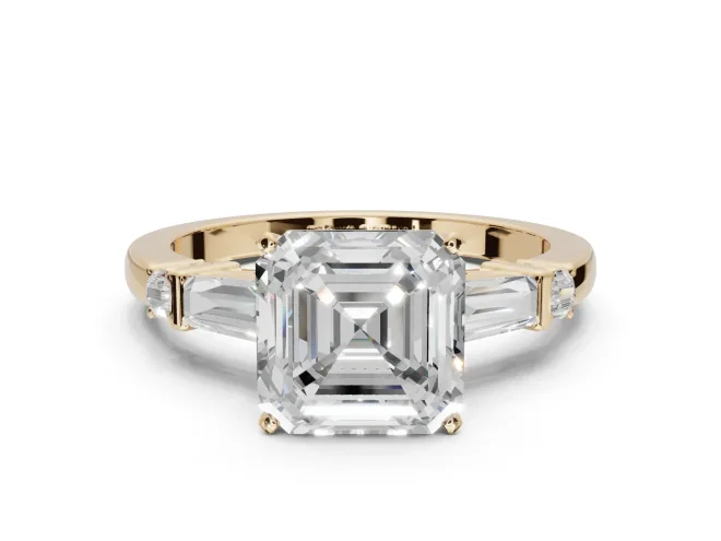 Asscher Cut Tapered Baguette Engagement Ring Setting | Bar Set Sides | Yellow Gold