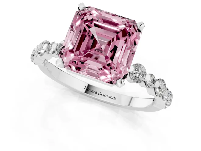 Fancy Pink Asscher Cut Diamond Prong Set Engagement Ring Set in Silver with Round Accent Pavé Band – second view